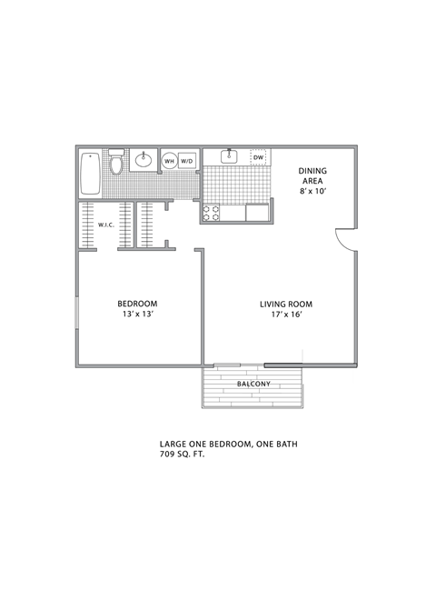 Floor plan for 1 bed, 1 bath, 709 sqft