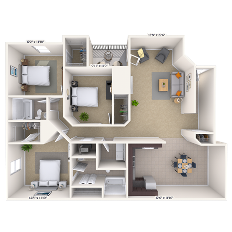 Floor plan for 3 beds, 2 baths, 1500 sqft
