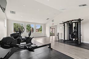 Leesburg apartment for rent - A home gym with a rowing machine and a squat rack.