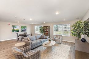 Charlotte apartment for rent - A living room with a grey couch, a coffee table, and a large window.