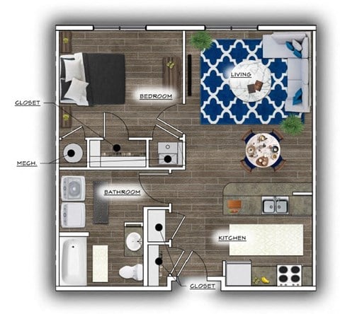 Floor plan for 1 bed, 1 bath, 691 sqft