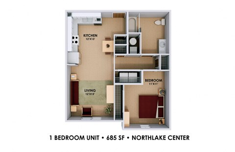 Floor plan for 1 bed, 1 bath, 686 sqft