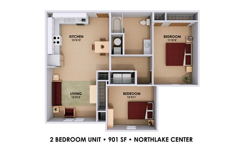 Floor plan for 2 beds, 1 bath, 901 sqft