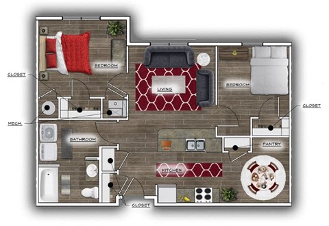 Floor plan for 2 beds, 1 bath, 868 sqft