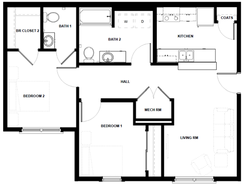 Floor plan for 2 beds, 1.5 baths, 1032 sqft