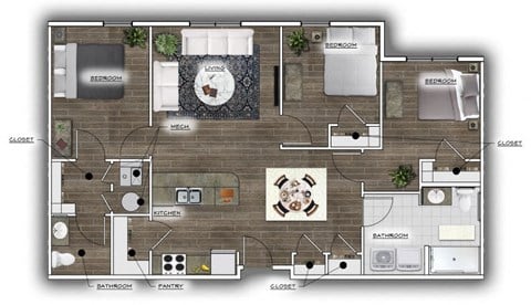 Floor plan for 3 beds, 1.5 baths, 1158 sqft