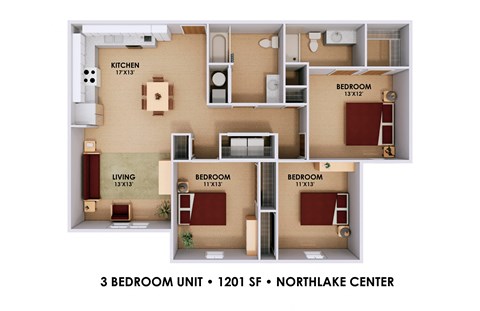 Floor plan for 3 beds, 2 baths, 1201 sqft