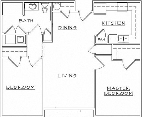 Floor plan for 2 beds, 1 bath, 925 sqft