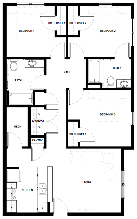 Floor plan for 3 beds, 2 baths, 1188 sqft