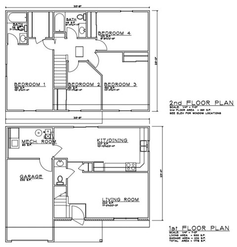 Floor plan for 4 beds, 2.5 baths, 1496 sqft