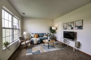 Wintersville apartment for rent - A living room with a blue couch, a television, and a rug.