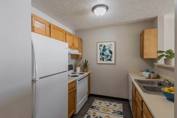 Sycamore apartment for rent - A kitchen with a white refrigerator and wooden cabinets.