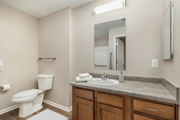 Walton apartment for rent - A bathroom with a toilet, sink, and mirror.