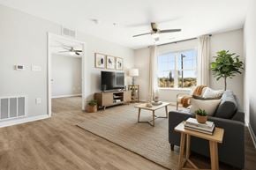 Carrollton apartment for rent - A living room with a grey couch, a wooden coffee table, a flat screen TV, and a ceiling fan.