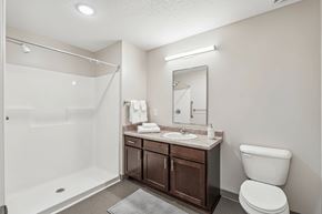 Johnston apartment for rent - A bathroom with a white toilet, a sink with a mirror, and a walk-in shower.