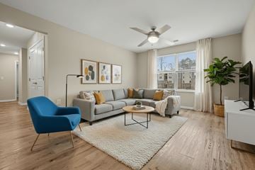 Dallas apartment for rent - A living room with a blue chair and a grey couch.