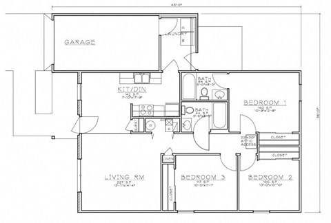 Floor plan for 3 beds, 2 baths, 1402 sqft