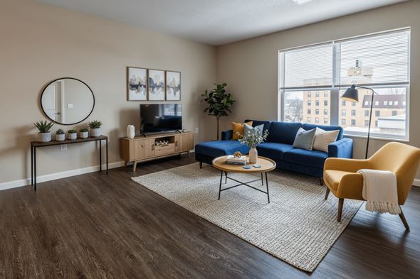 Sault Ste Marie apartment for rent - A living room with a blue couch, a yellow chair, and a coffee table.