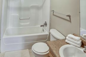 Stambaugh apartment for rent - A white toilet sits next to a bathtub in a bathroom.