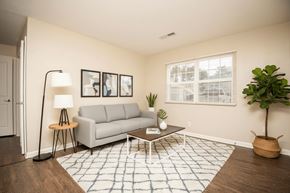 Tellico Plains apartment for rent - A living room with a grey couch, a coffee table, a floor lamp, and a potted plant.