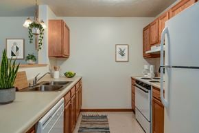 Wheeling apartment for rent - A kitchen with a white refrigerator, wooden cabinets, and a sink.