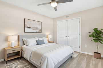 Charlotte apartment for rent - A bedroom with a bed, nightstands, and a plant.