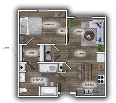 Floor plan for 1 bed, 1 bath, 628 sqft