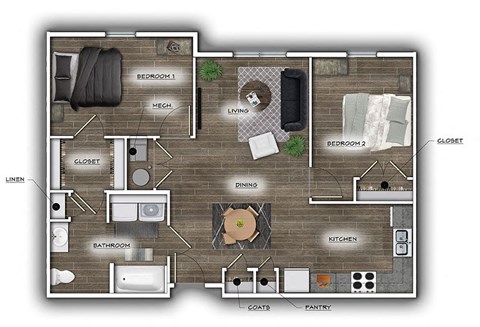 Floor plan for 2 beds, 1 bath, 862 sqft