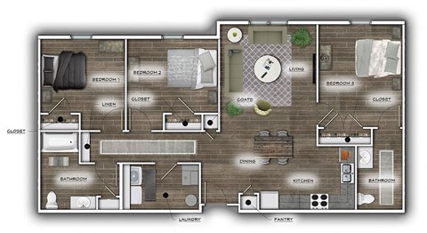 Floor plan for 3 beds, 1.5 baths, 1206 sqft