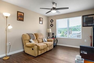 Wheeling apartment for rent - a living room with a couch and a ceiling fan