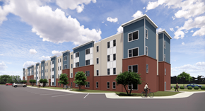 Charlotte apartment for rent - a rendering of an apartment building with a cyclist in front of it