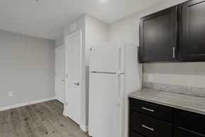 Columbia apartment for rent - a kitchen with a white refrigerator and black cabinets