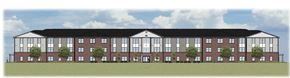 Columbus apartment for rent - a rendering of a brick building with trees in front of it
