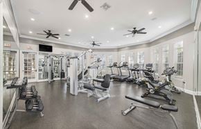 Austin apartment for rent - A spacious gym with a variety of equipment including treadmills, elliptical machines, and weight machines.