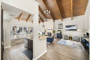 Austin apartment for rent - A modern open plan living and kitchen area with wooden floors and ceiling.