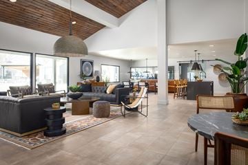 Austin apartment for rent - A modern living room with a wooden ceiling and a variety of seating options.
