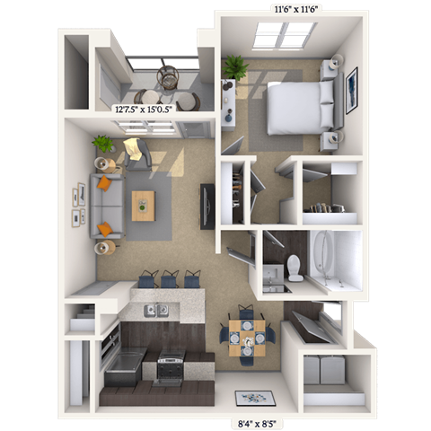 Floor plan for 1 bed, 1 bath, 727 sqft