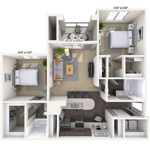 Floor plan for 2 beds, 2 baths, 981 sqft