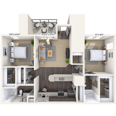 Floor plan for 2 beds, 2 baths, 1060 sqft