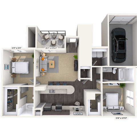 Floor plan for 2 beds, 2 baths, 1197 sqft