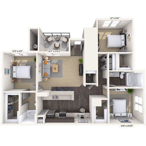 Floor plan for 3 beds, 2 baths, 1420 sqft