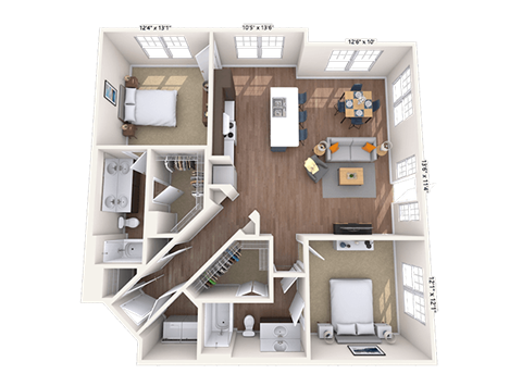 Floor plan for 2 beds, 2 baths, 1278 sqft