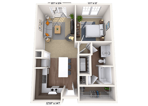 Floor plan for 1 bed, 1 bath, 743 sqft