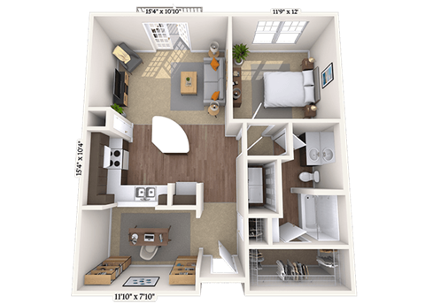 Floor plan for 1 bed, 1 bath, 862 sqft