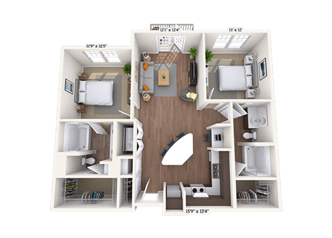 Floor plan for 2 beds, 2 baths, 1133 sqft