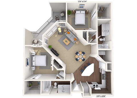 Floor plan for 2 beds, 2 baths, 1138 sqft