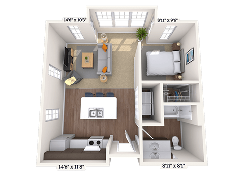 Floor plan for studio, 1 bath, 559 sqft