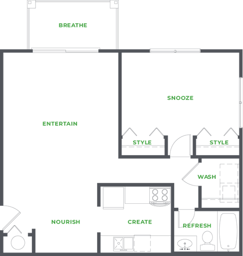 Floor plan for 1 bed, 1 bath, 744 sqft