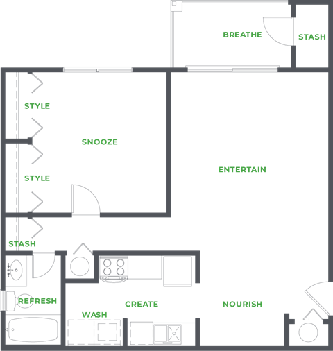 Floor plan for 1 bed, 1 bath, 744 sqft