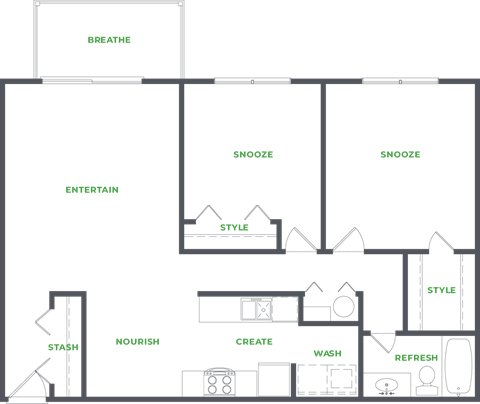 Floor plan for 2 beds, 1 bath, 1075 sqft